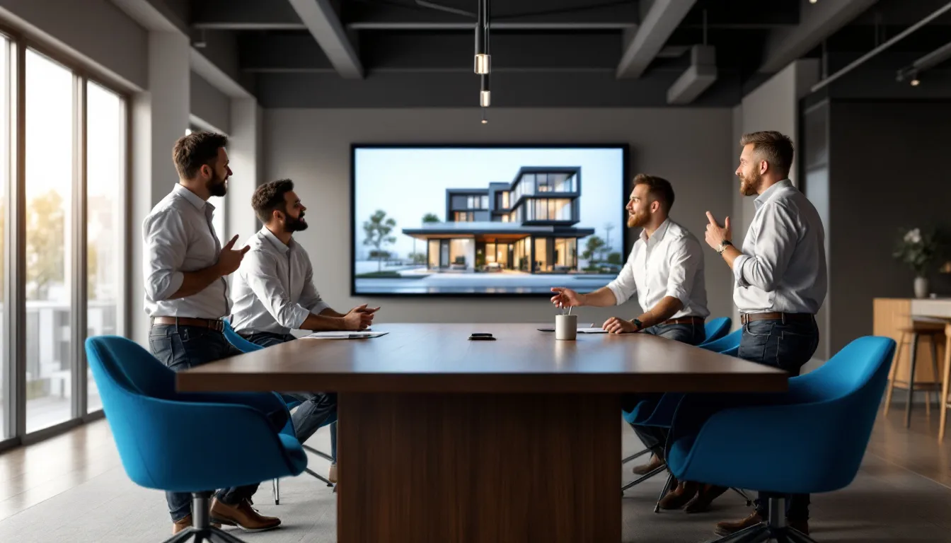 A team of multifamily renovation contractors discussing a project.